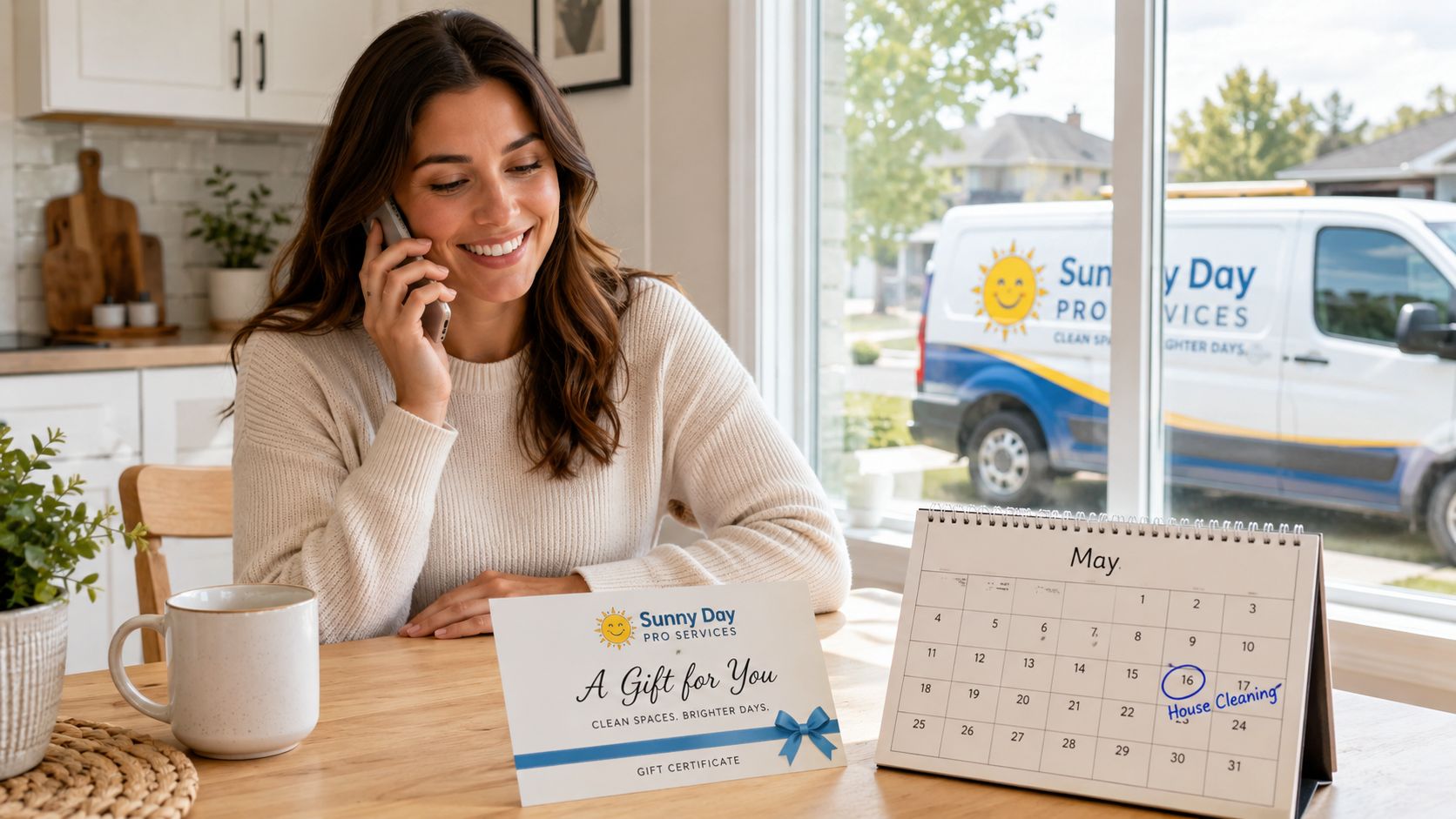 A smiling woman on the phone sitting at a table with a house cleaning gift certificate and calendar.