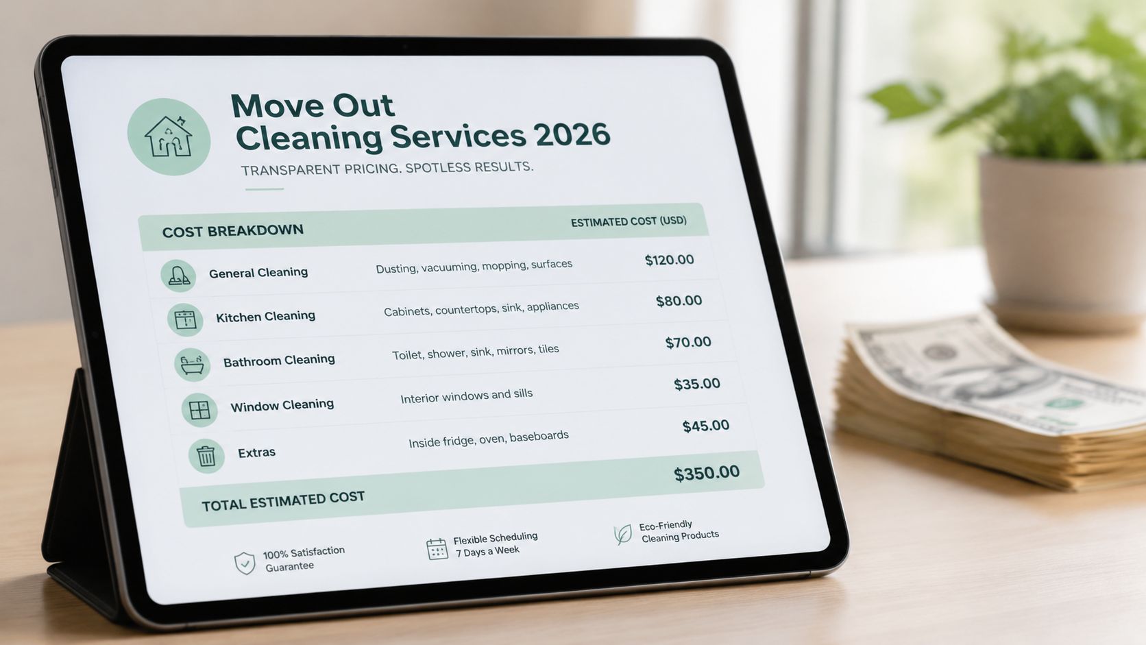 A digital tablet displaying a move out cleaning services price list with costs for various cleaning tasks.