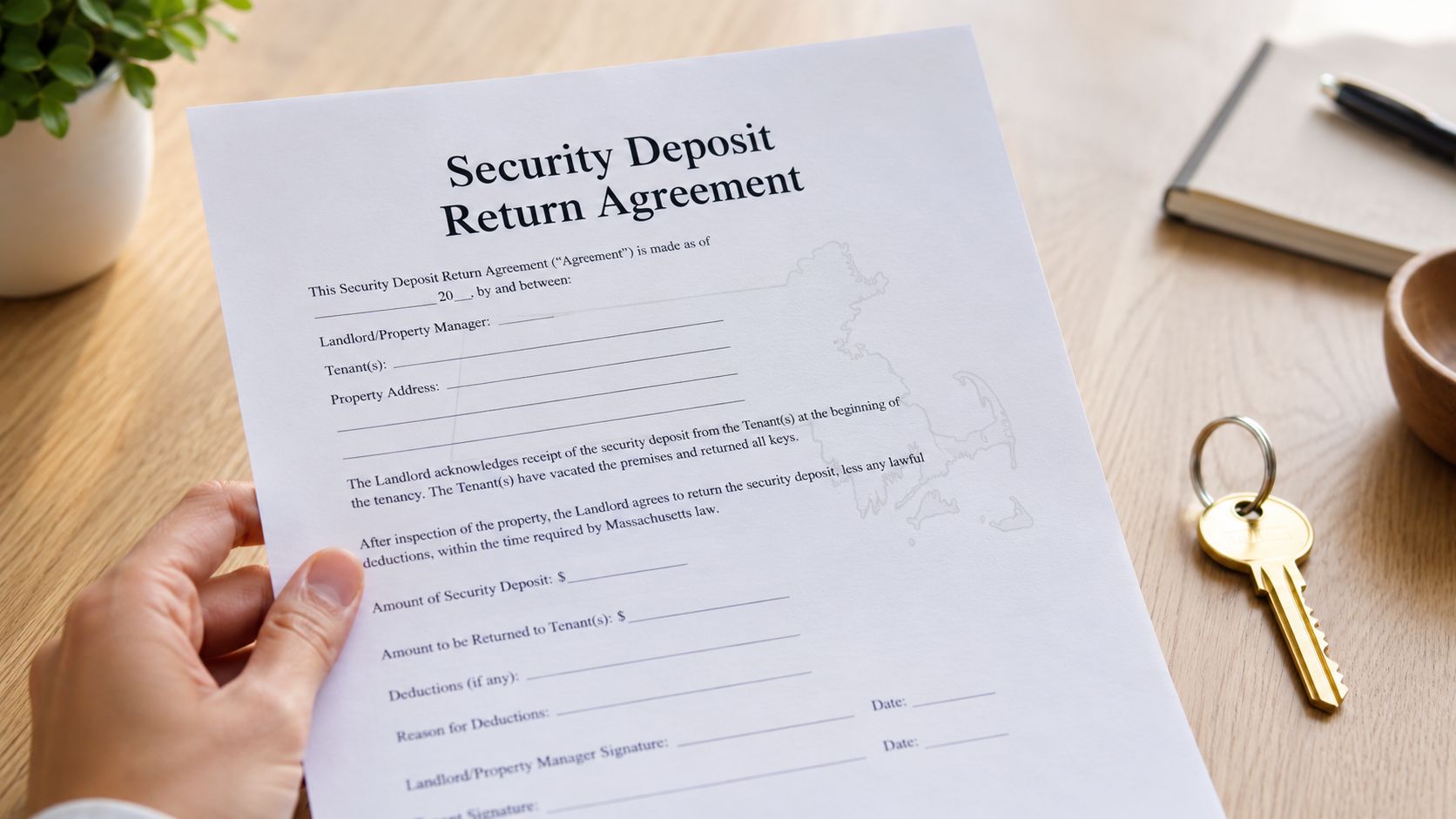 A hand holding a security deposit return agreement form next to a key and a small plant.
