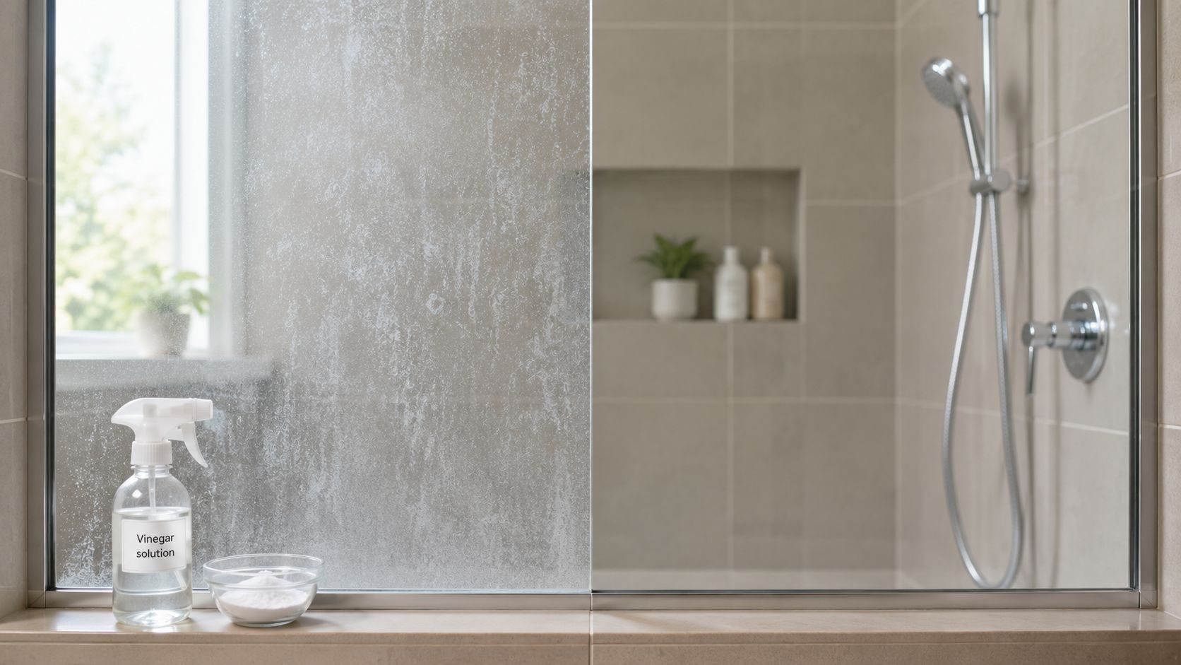 A spray bottle of vinegar and a bowl of baking soda for cleaning a glass shower door.