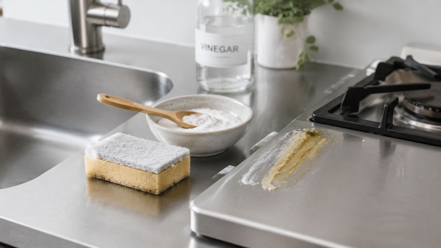 A clean kitchen counter setup with baking soda, vinegar, and a sponge ready for cleaning a stove.