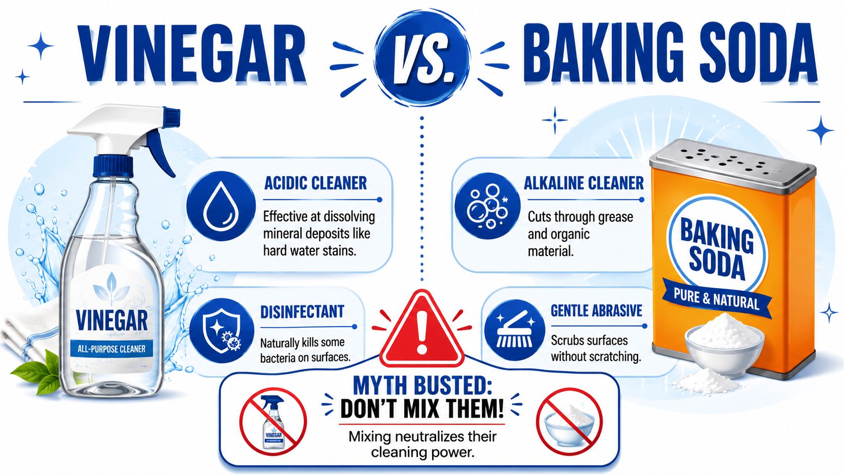 An infographic comparing the cleaning properties of vinegar and baking soda, advising not to mix them together.