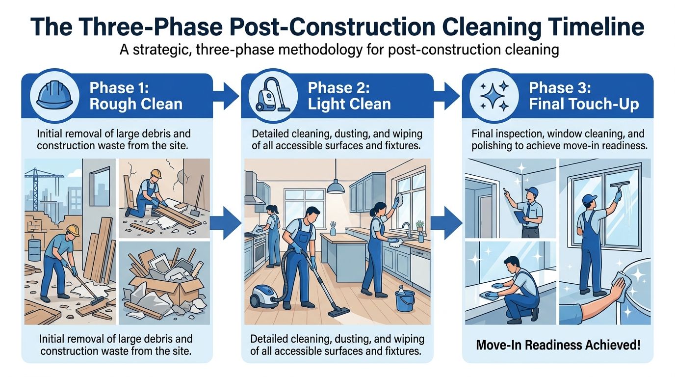 A visual infographic explaining the three-phase post-construction cleaning process, including rough clean, light clean, and final touch-ups.
