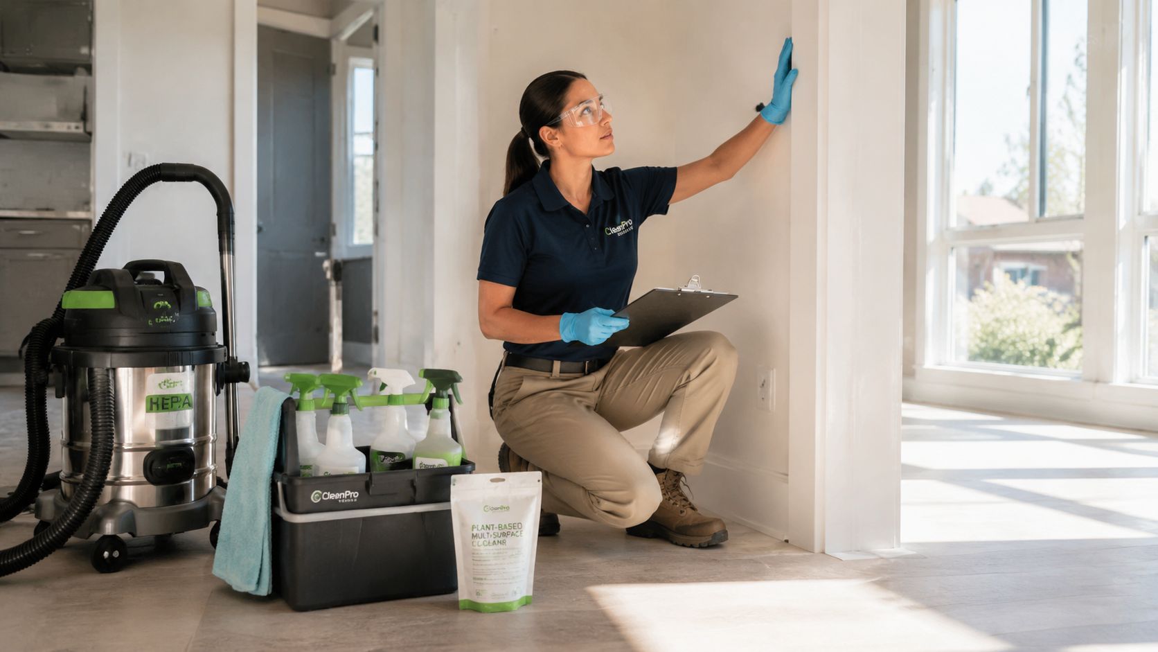 A professional cleaner in safety gear inspects a white wall in a recently renovated home.