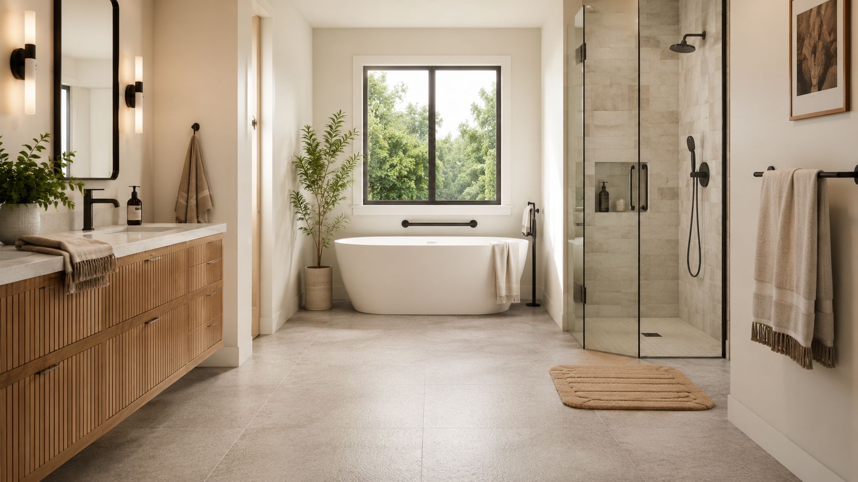 A modern, spa-inspired bathroom featuring textured neutral floor tiles, a freestanding tub, and a glass shower.