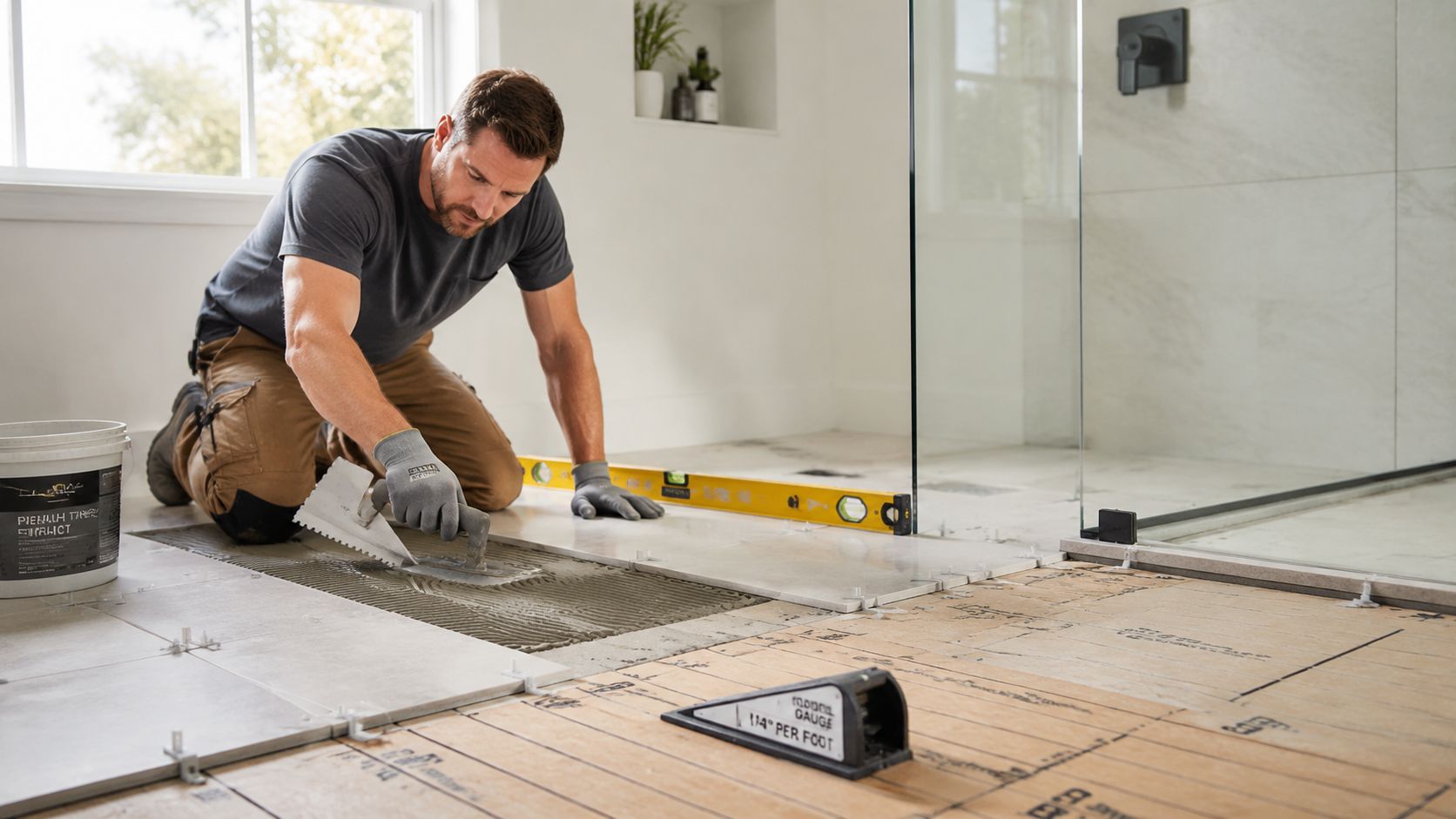 A professional construction worker laying large tiles on a floor using a notched trowel in a bathroom.