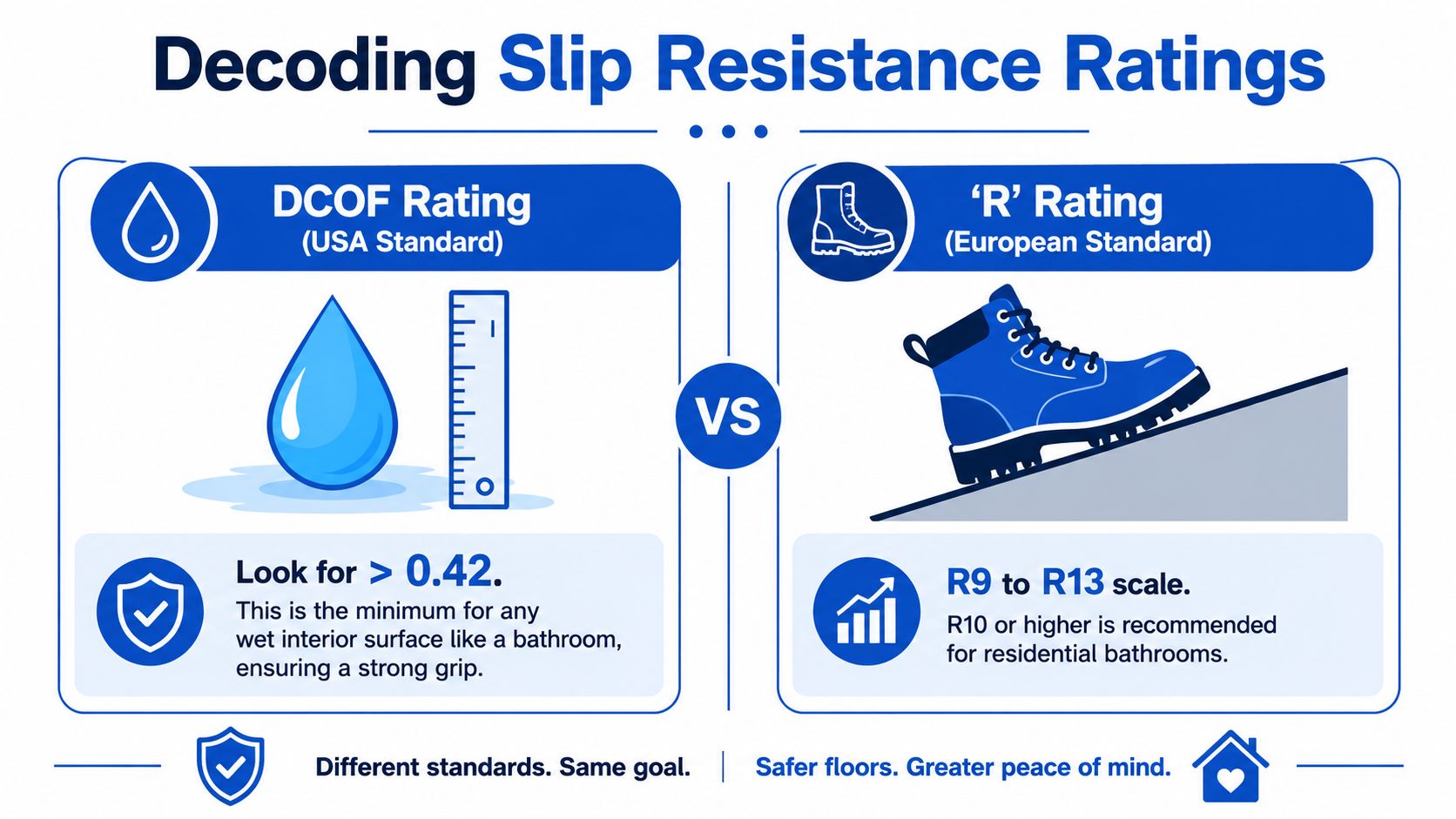 An infographic explaining DCOF and R-rating standards for measuring the slip resistance of bathroom floor tiles.
