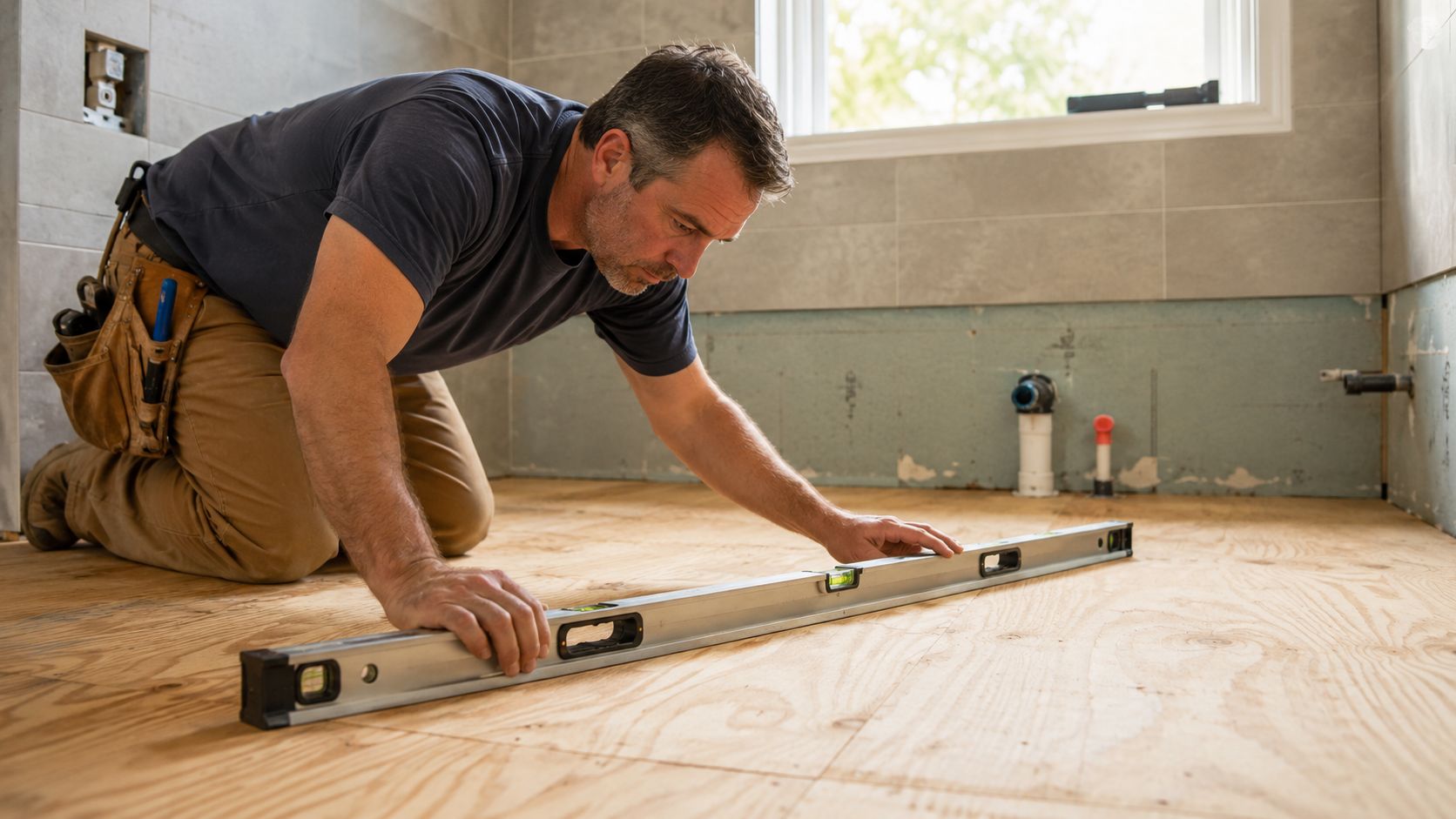 A professional construction worker kneeling on a subfloor, checking the levelness of the surface with a long tool.