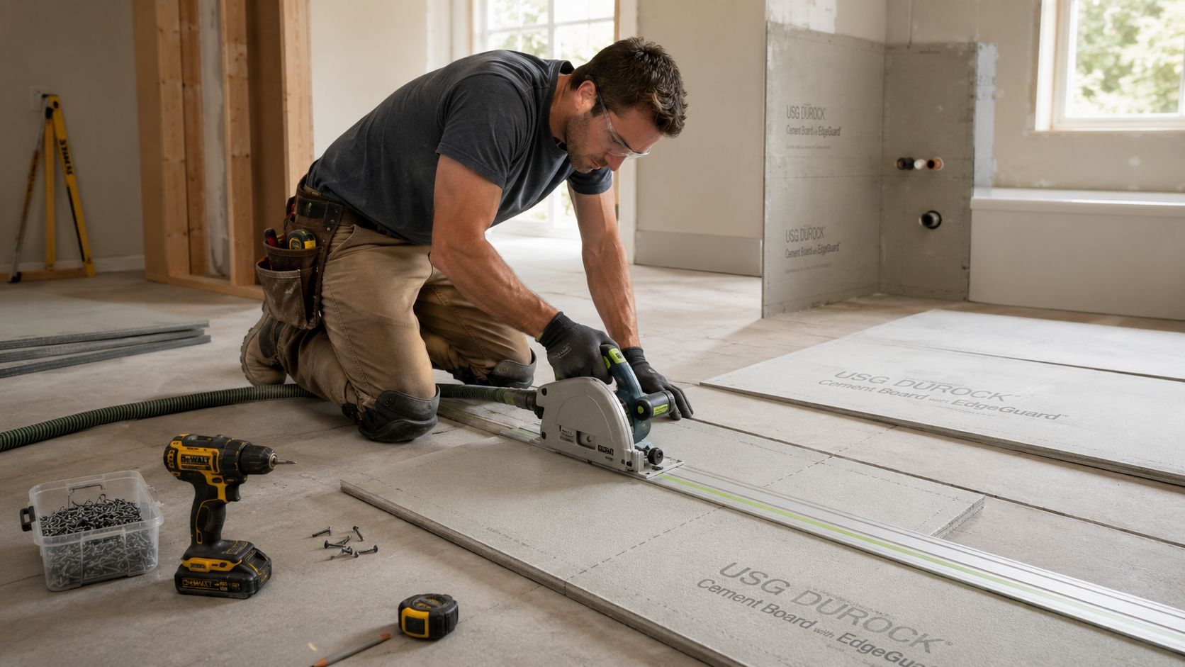 A professional contractor using a track saw to cut cement backer board for a bathroom renovation project.