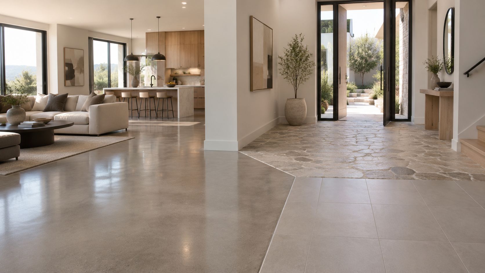 A modern open-concept interior featuring smooth polished concrete and stone flooring in a bright luxury residence.