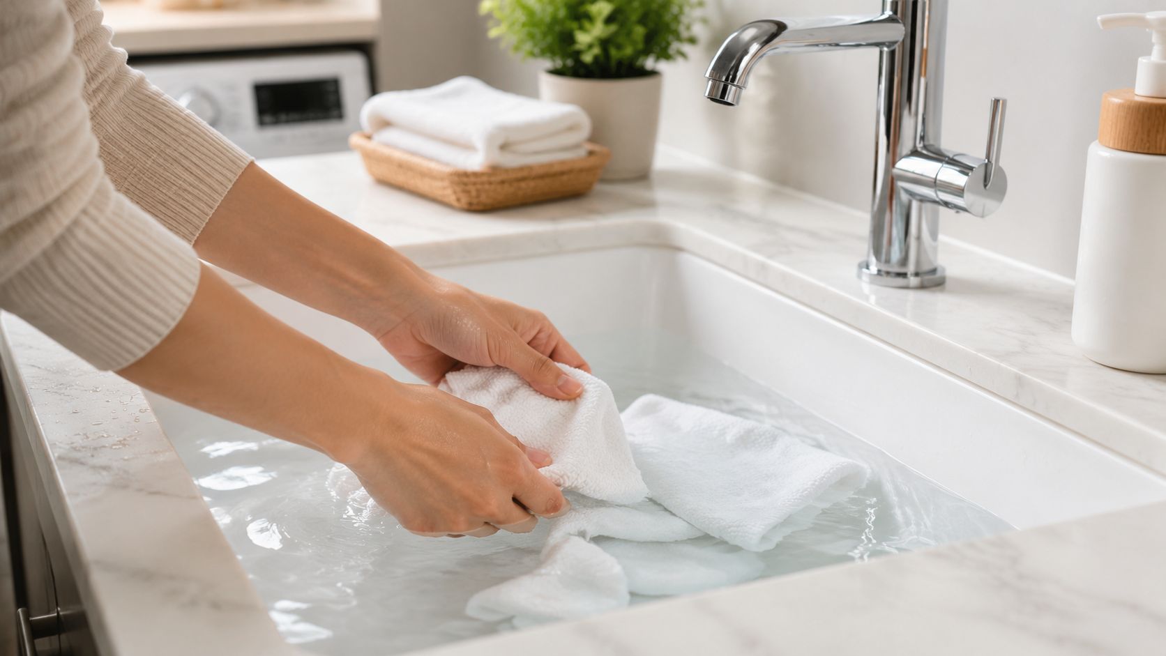 A person gently hand-washing white microfiber cloths in a bathroom sink filled with clean water.