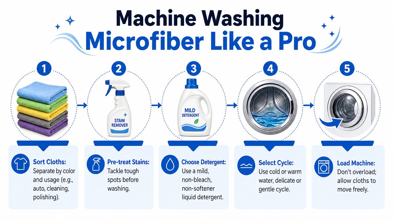 A five-step infographic showing how to wash microfiber cloths using a washing machine properly.