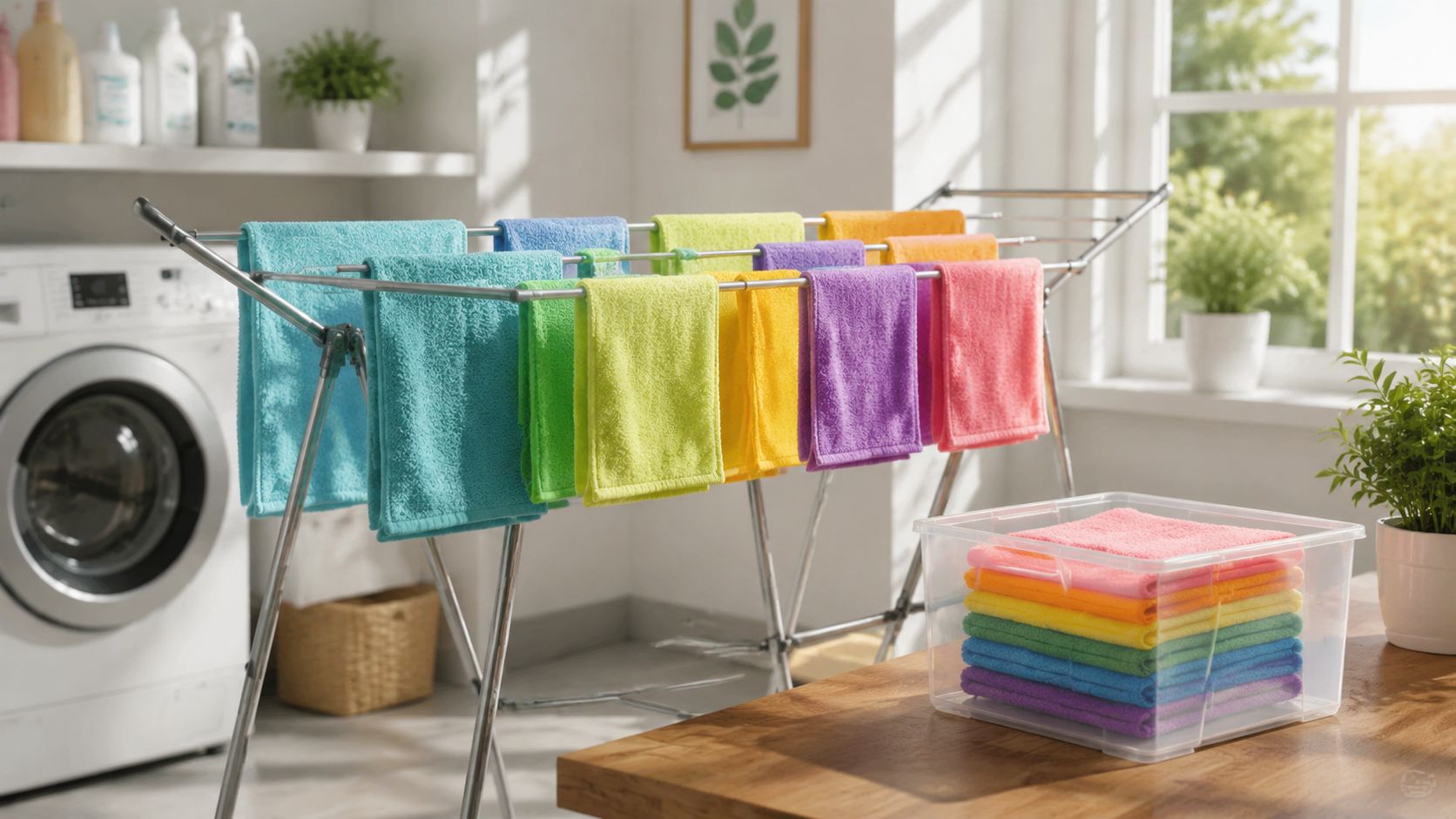 A drying rack holding colorful microfiber towels next to a stack of folded cloths in a container.