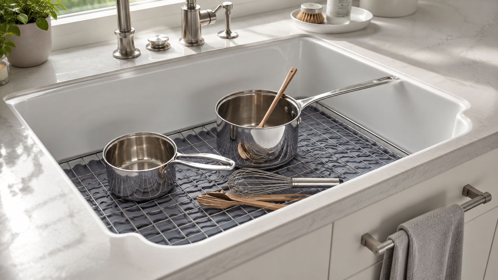 A clean white farmhouse kitchen sink containing two stainless steel pots, a whisk, and wooden cooking utensils.