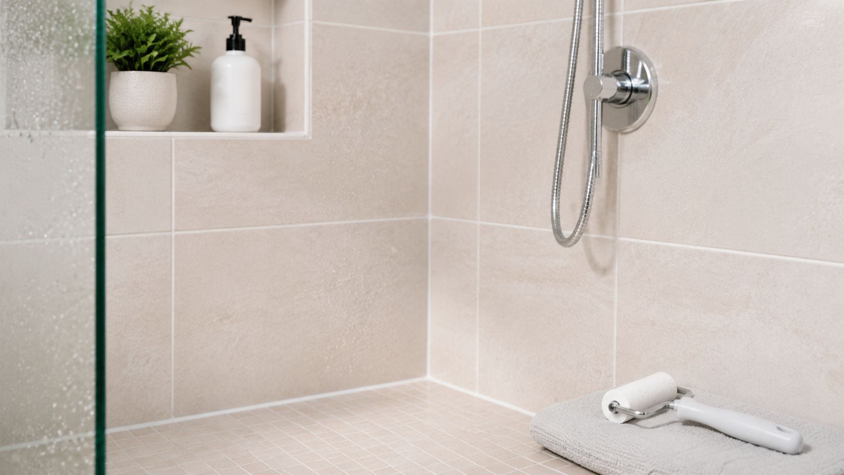 A clean tiled shower area featuring a small plant, soap dispenser, and a lint roller on a towel.