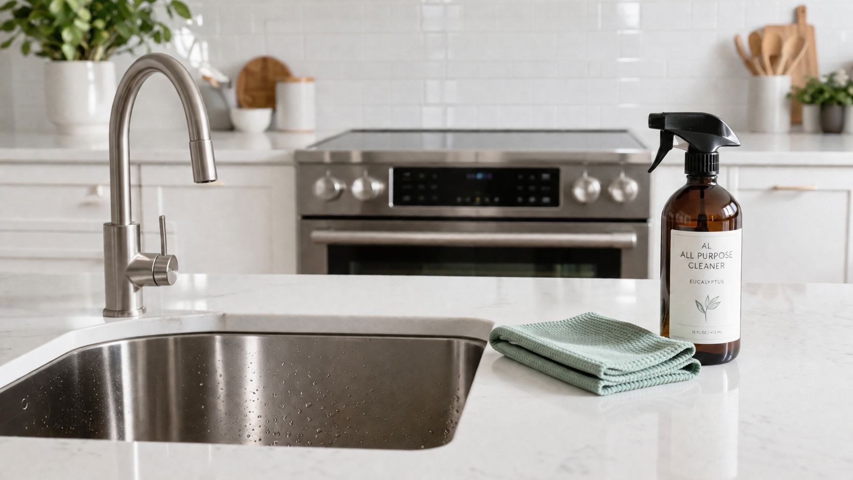 A modern kitchen counter featuring a spray bottle of all-purpose cleaner and a folded green cloth.