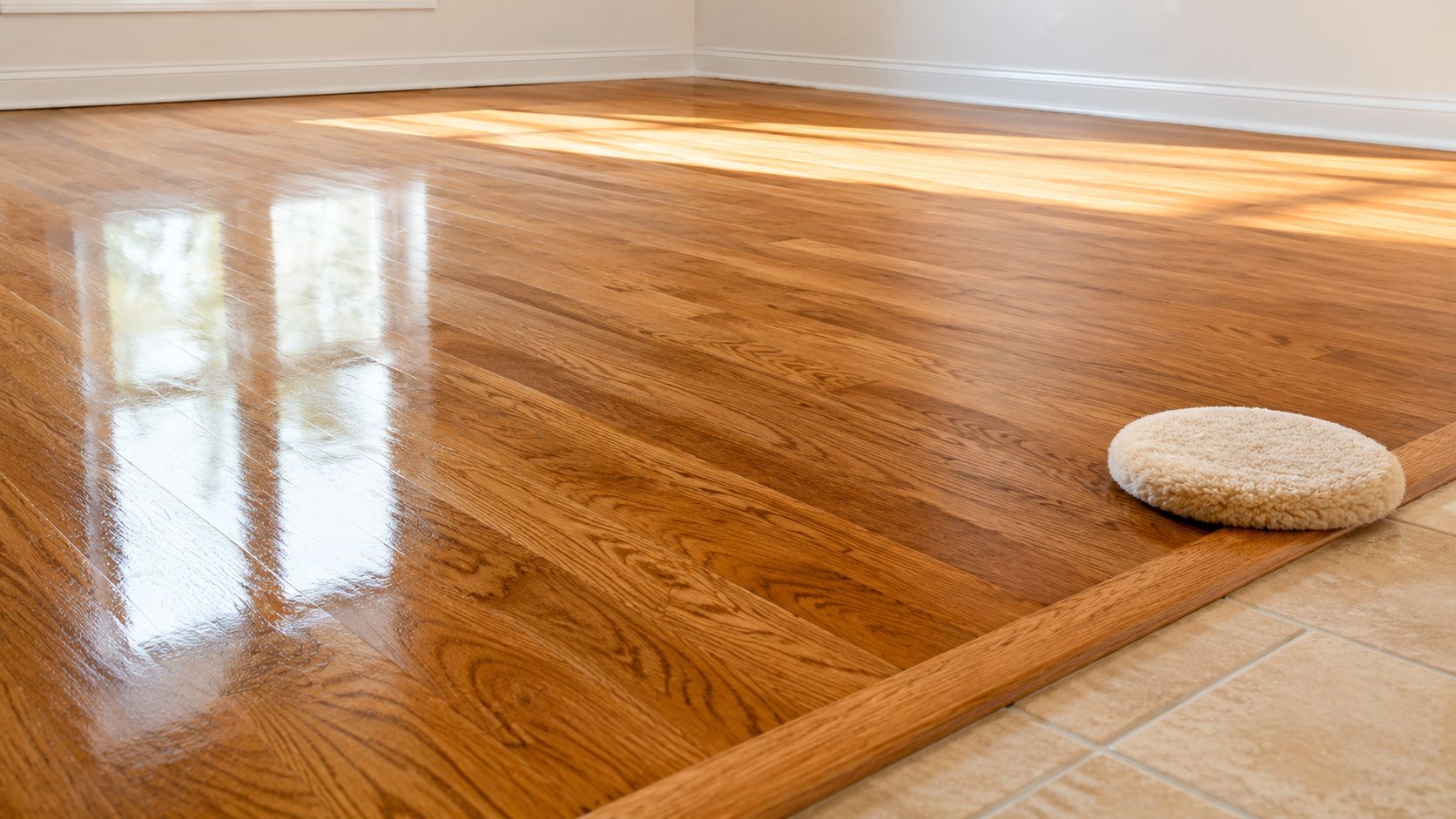 A freshly polished hardwood floor with a soft buffing pad sitting near a tiled transition threshold.