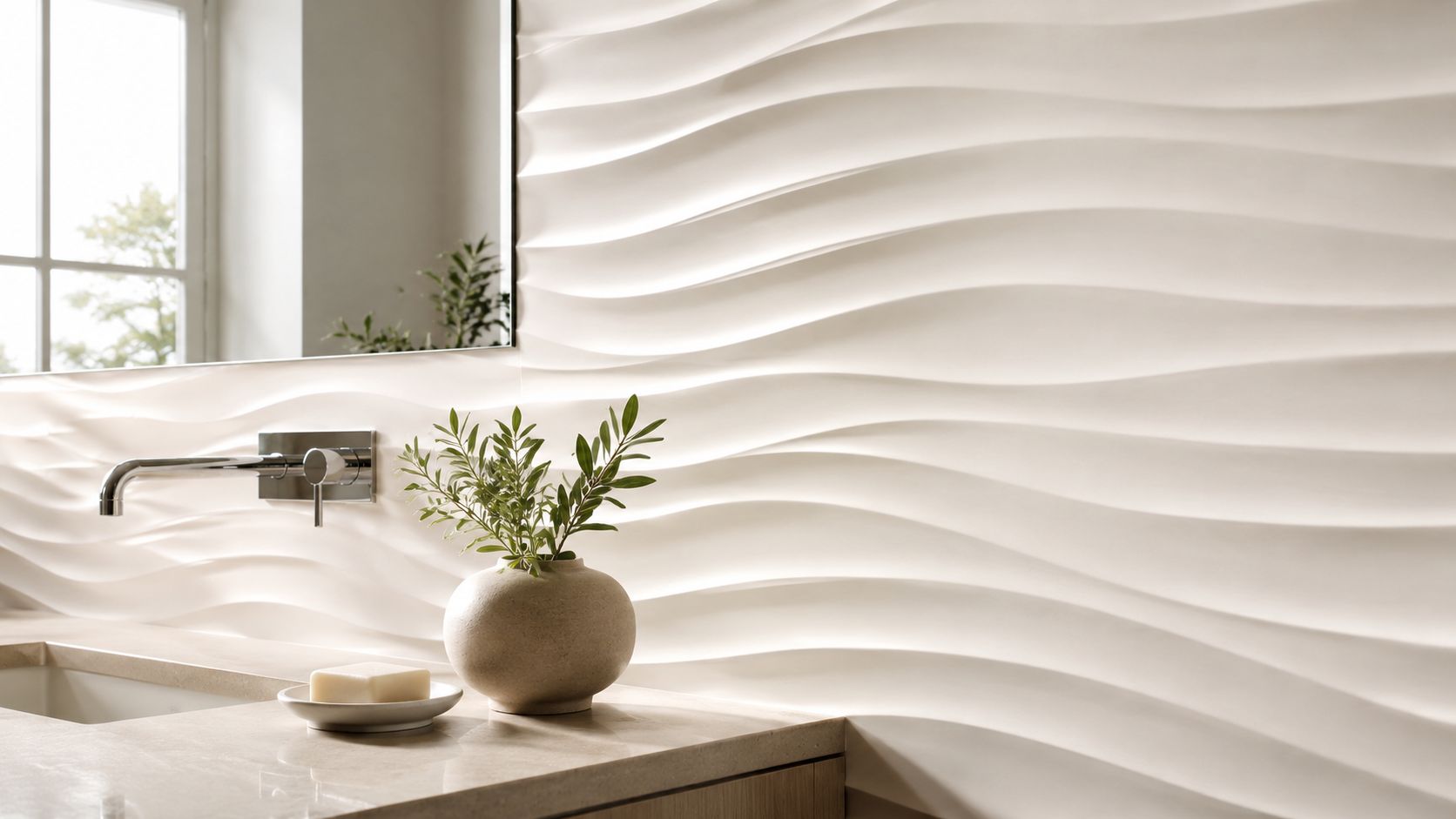 A modern bathroom vanity featuring a cream-colored wavy textured tile backsplash and a small vase with greenery.