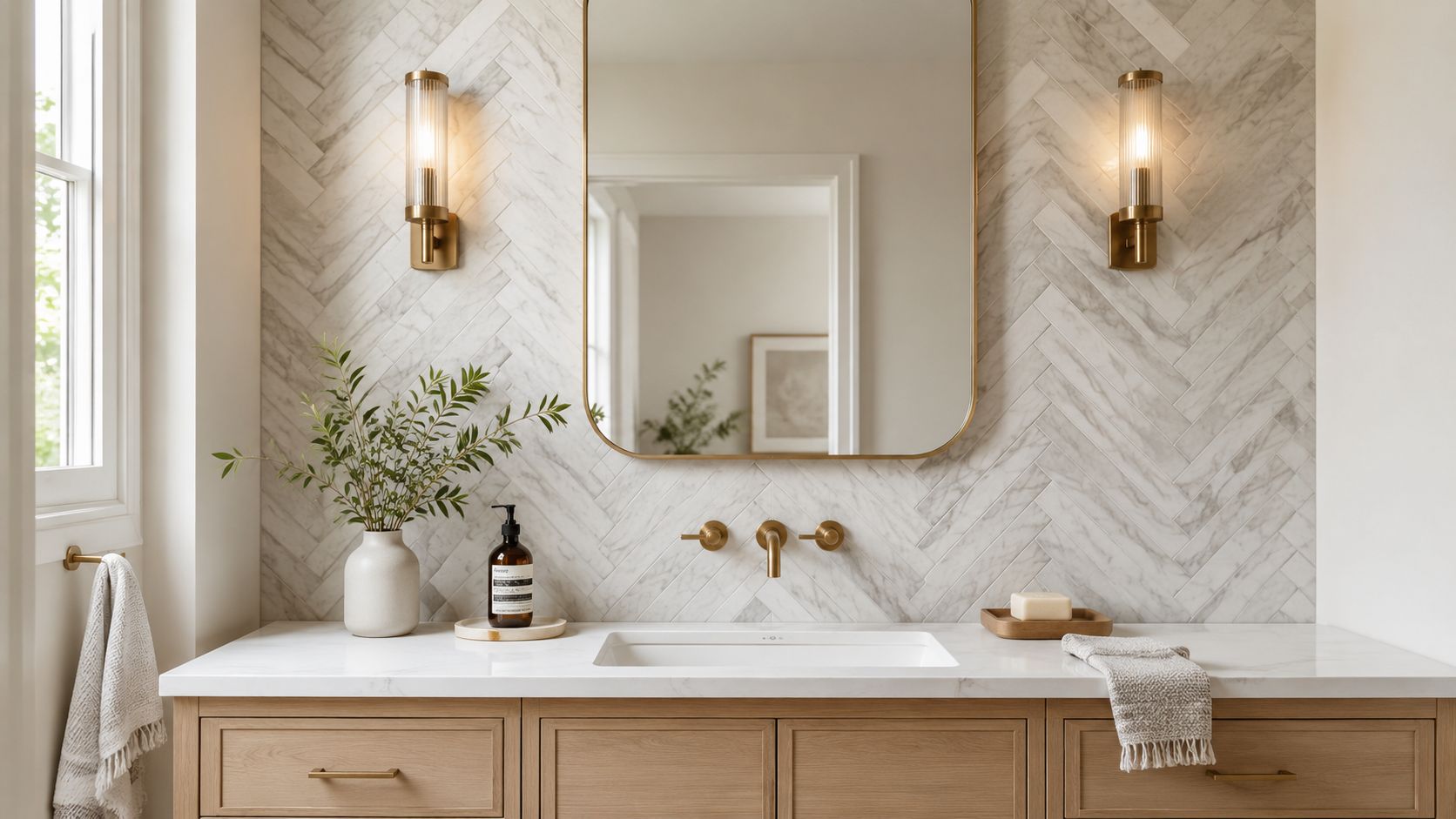 A luxurious bathroom vanity with herringbone marble tile backsplash, brass fixtures, and a wooden cabinet.