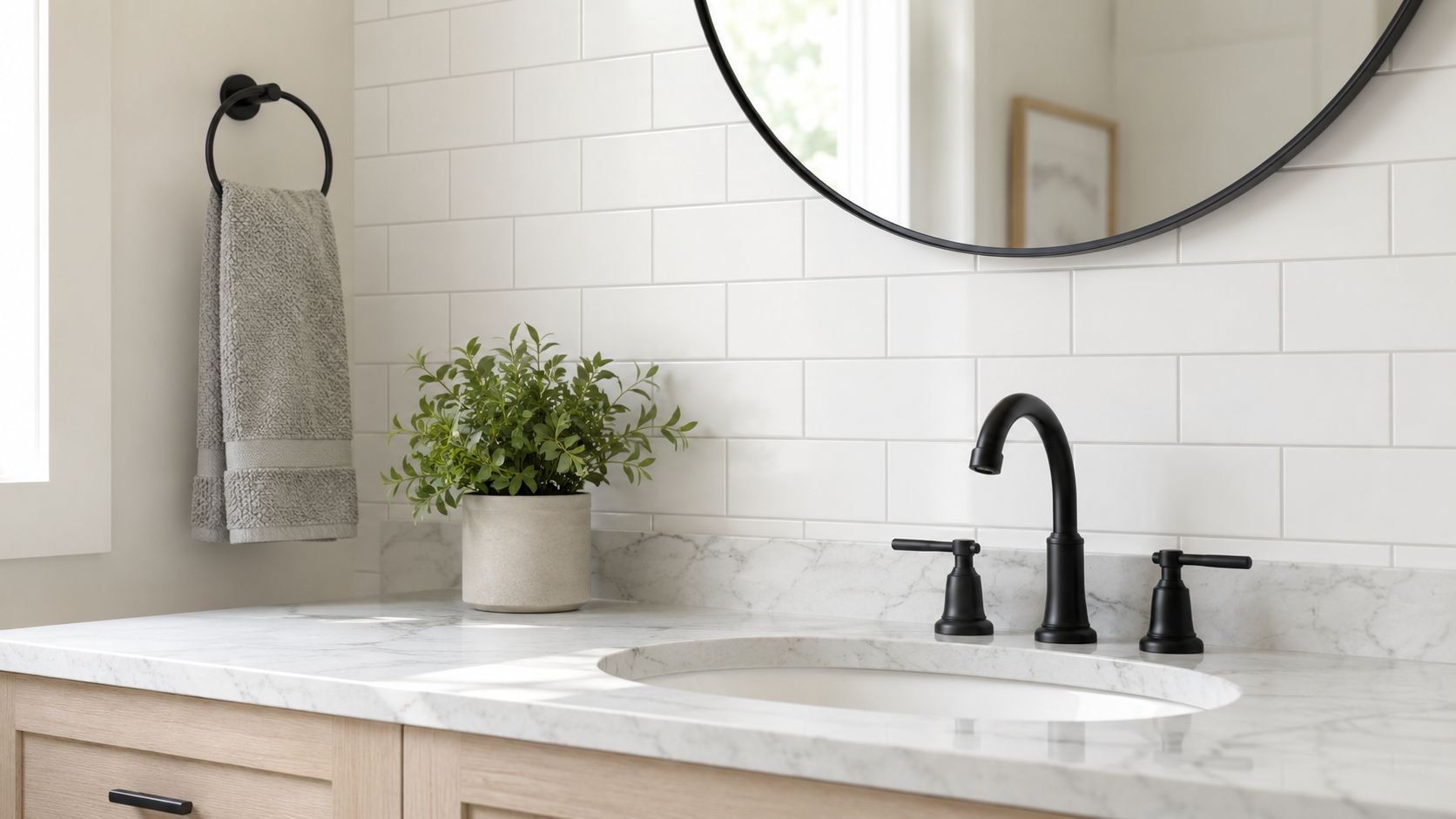A modern bathroom vanity featuring a clean white subway tile backsplash and a marble countertop.