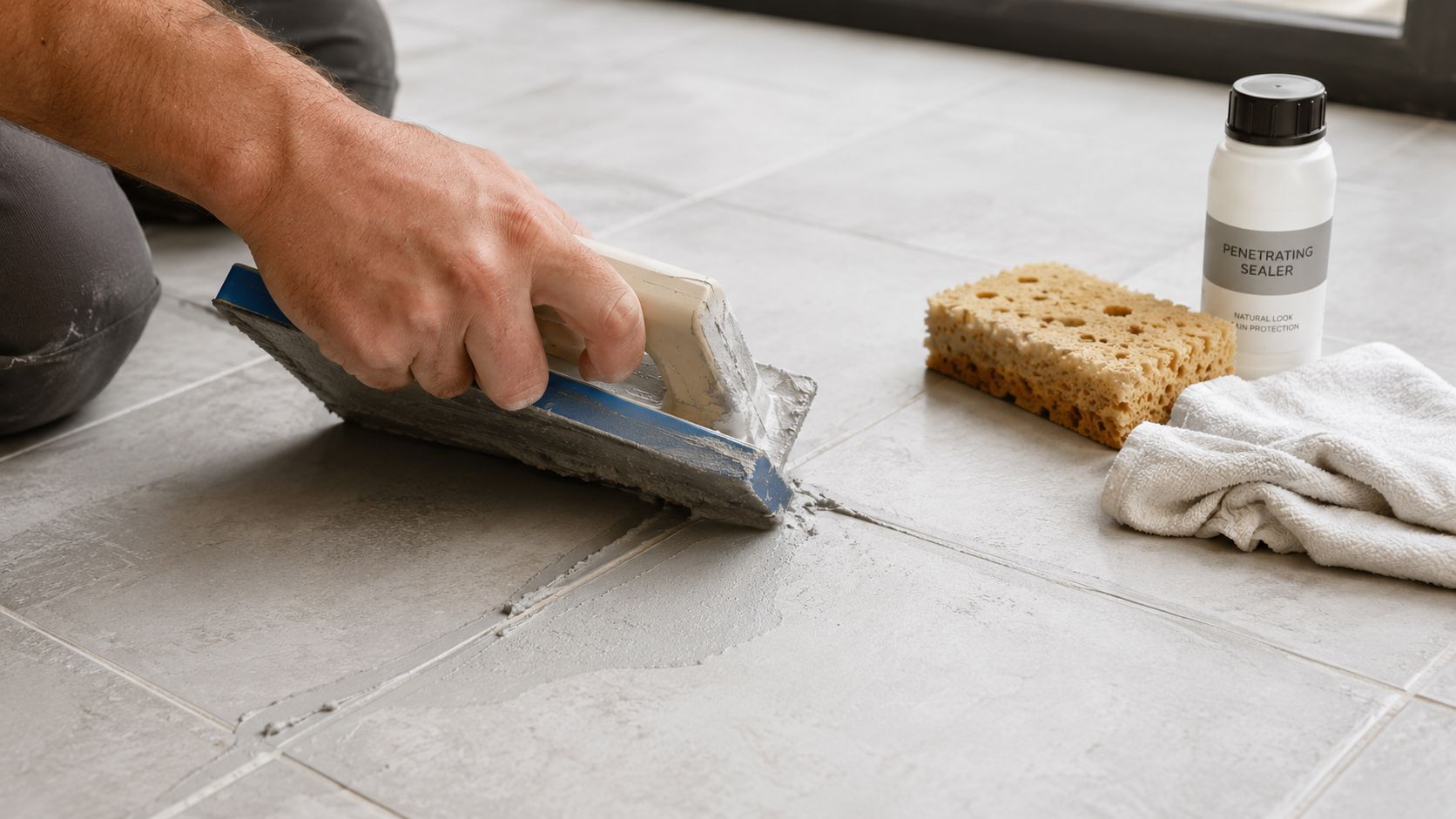 A construction worker applying grout to the gaps between gray ceramic floor tiles using a rubber trowel.