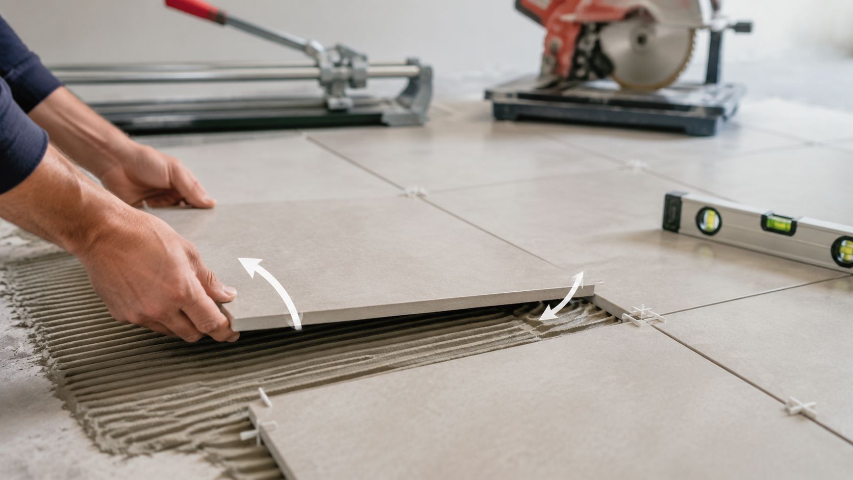 A professional construction worker laying a gray ceramic tile onto fresh adhesive mortar on a floor.
