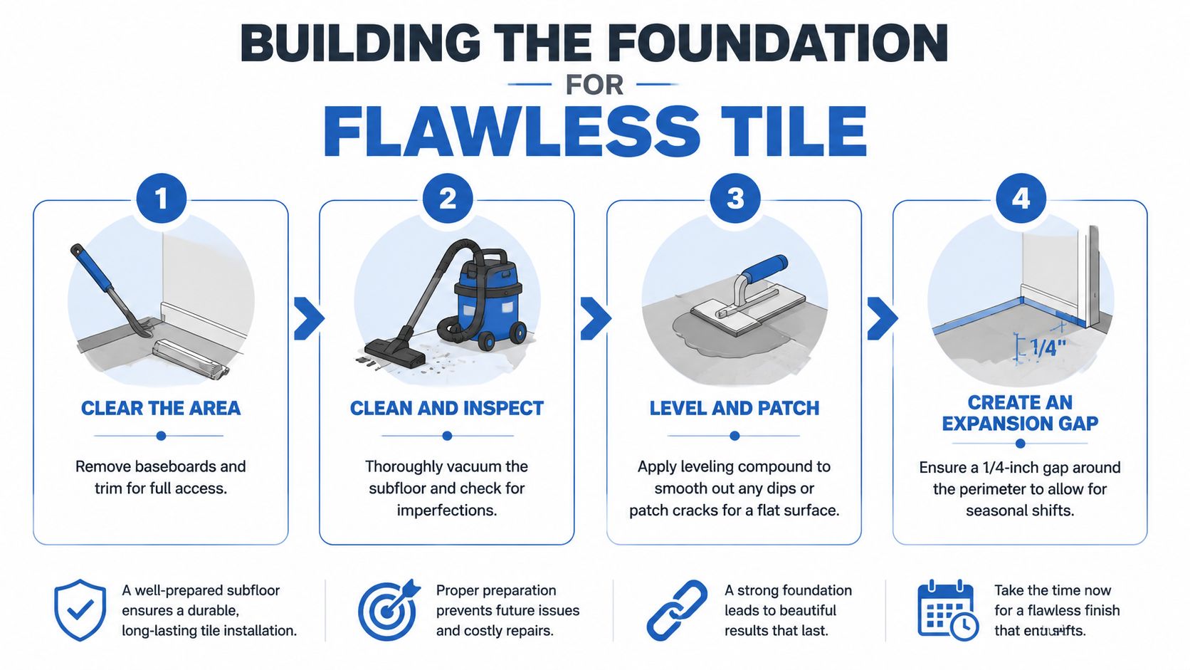 A four-step infographic illustrating the professional preparation process for a flawless tile installation on a subfloor.