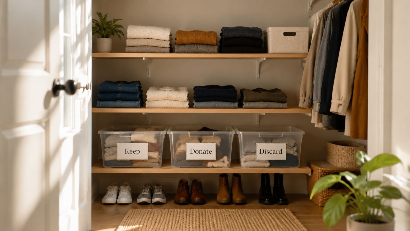A well-organized closet with neatly folded clothes on shelves and labeled bins for keeping, donating, and discarding items.