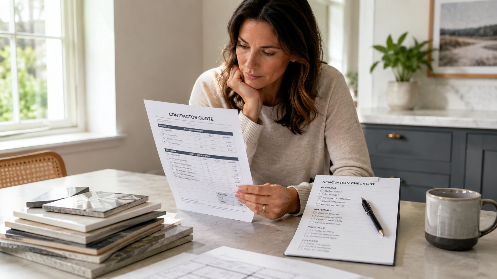 A woman carefully reviewing a contractor renovation quote and checklist at a kitchen table with tile samples.
