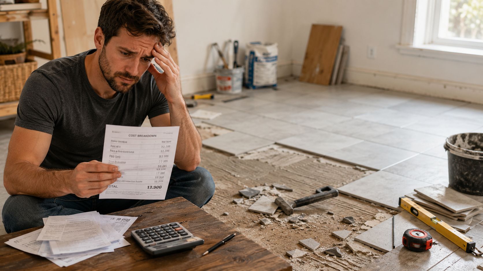 A stressed man sitting on the floor analyzing home renovation costs and tile installation project expenses.