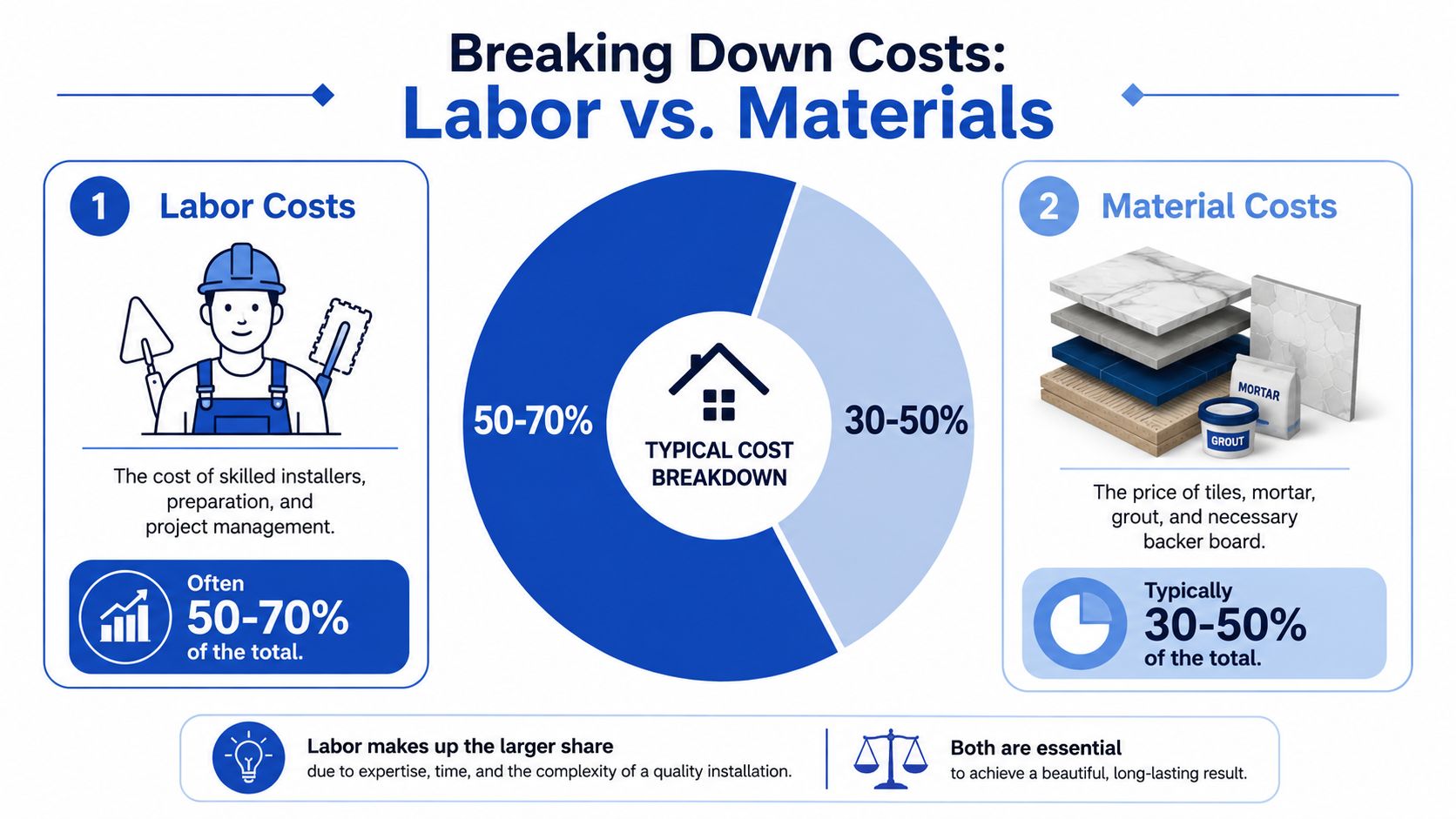 An infographic showing the typical cost breakdown for tile installation between labor and material costs.