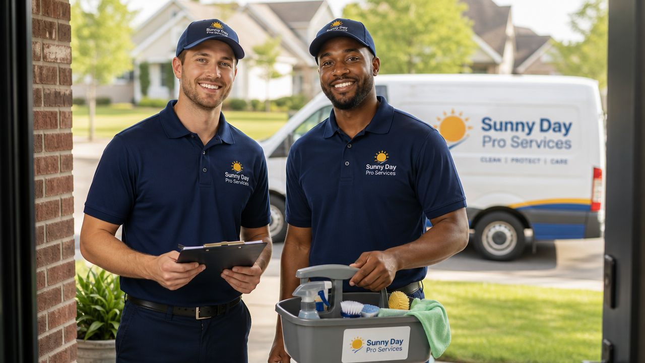 Two professional cleaners from Sunny Day Pro Services wearing uniforms stand outside a house with cleaning supplies.