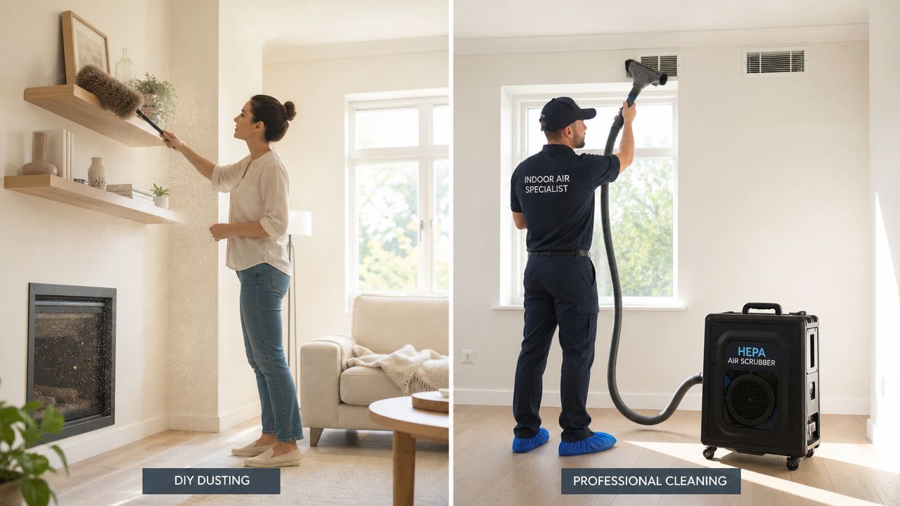 A comparison showing DIY dusting on the left and professional air duct cleaning on the right.