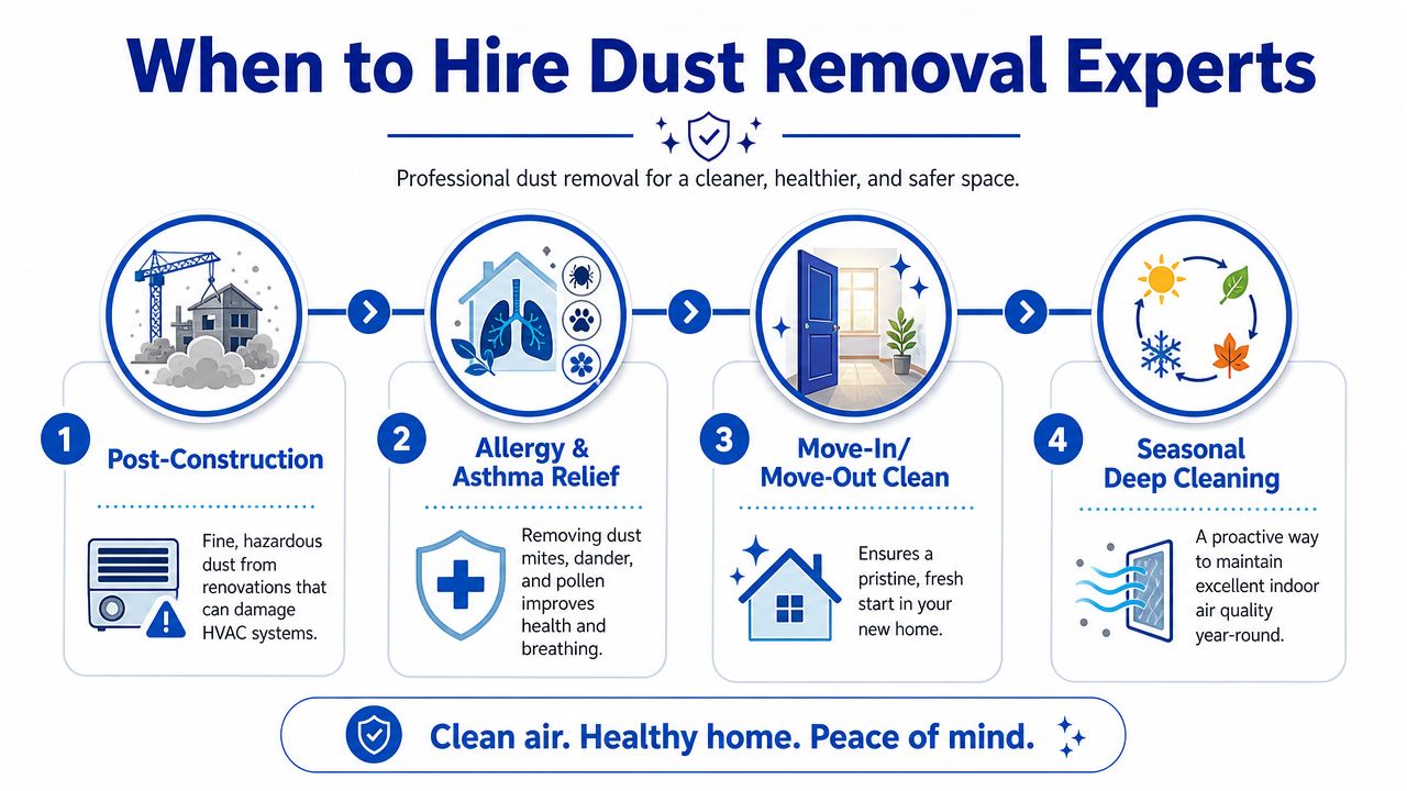 An infographic showing four key scenarios for hiring professional dust removal services for a healthier indoor environment.