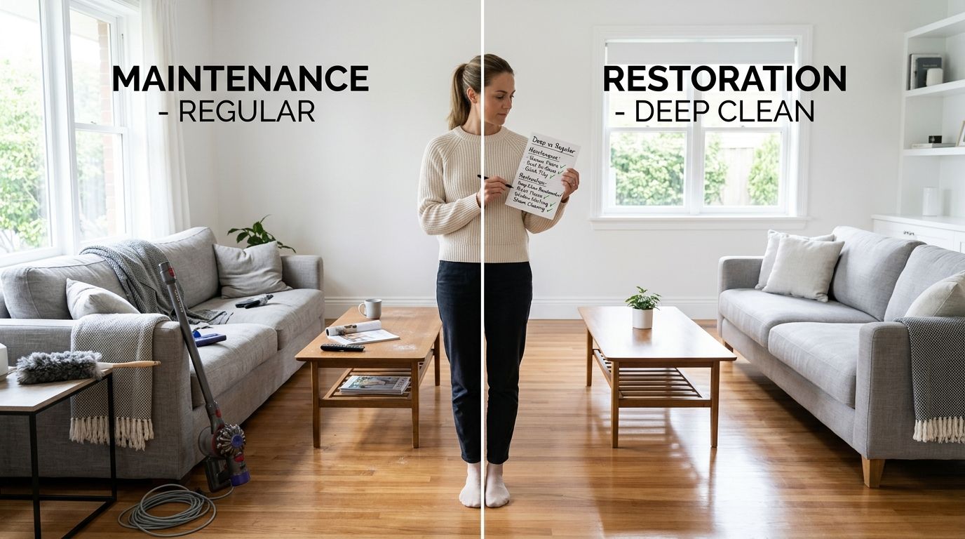 A woman holding a checklist comparing regular maintenance cleaning and deep restoration cleaning in a bright living room.