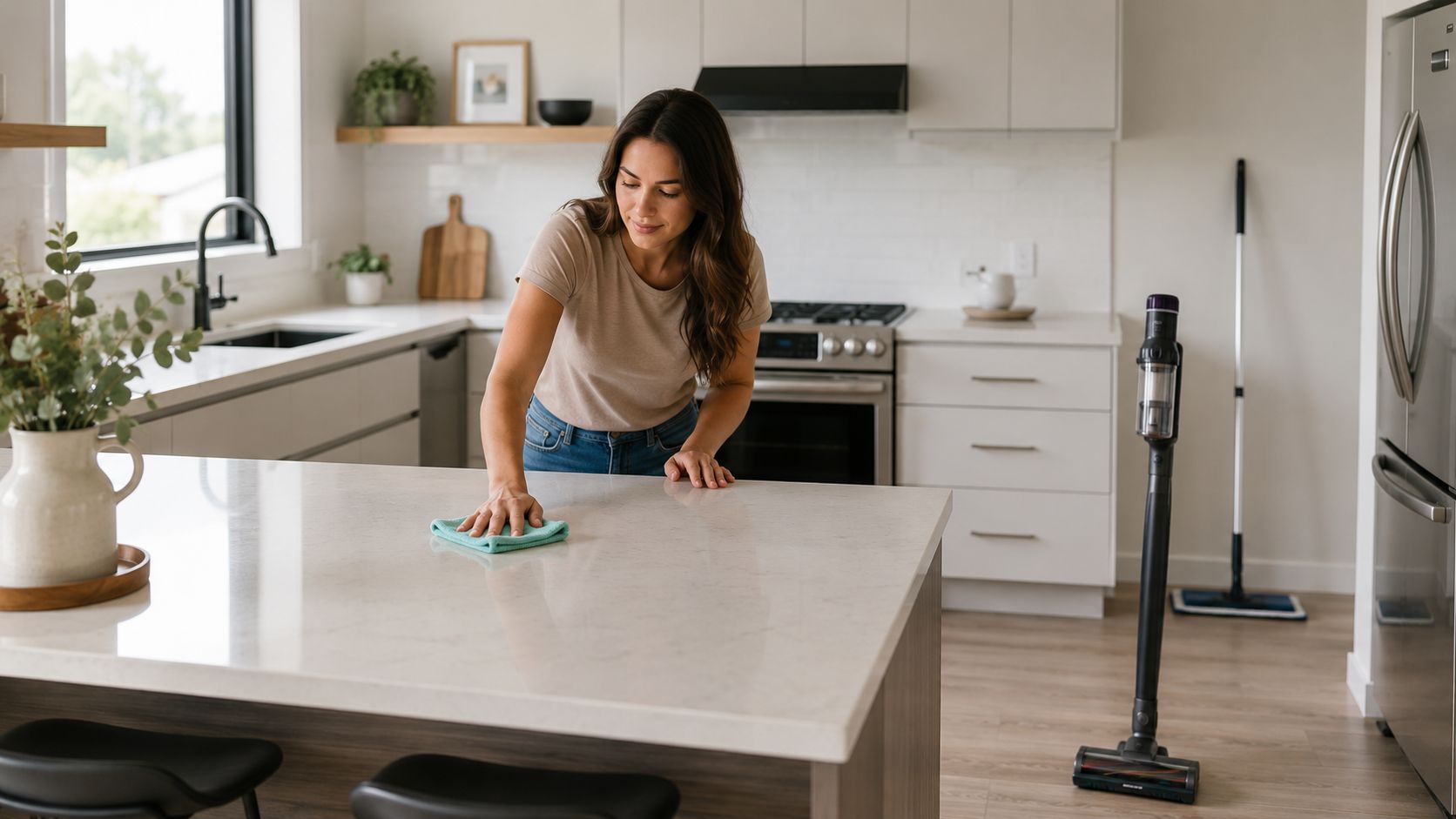 A woman cleaning a kitchen island countertop with a cloth in a modern, organized home setting.