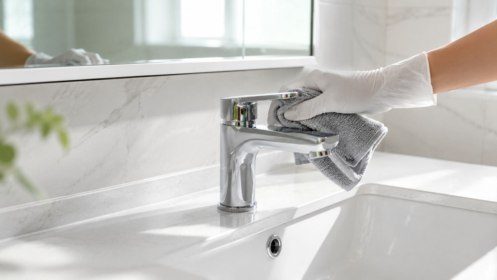 A gloved hand cleaning a shiny chrome bathroom faucet with a grey microfiber cloth