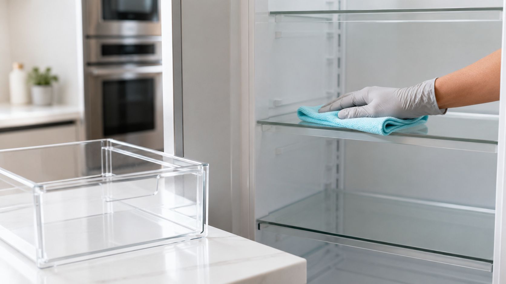 A person wearing gloves wiping a clean refrigerator shelf with a blue cloth in a kitchen.