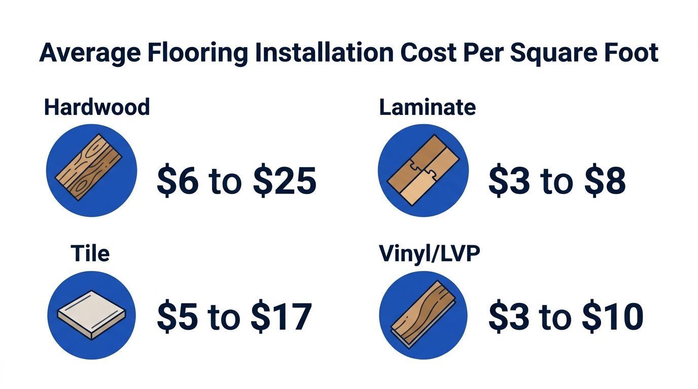 A chart showing the average flooring installation cost per square foot for hardwood, laminate, tile, and vinyl.