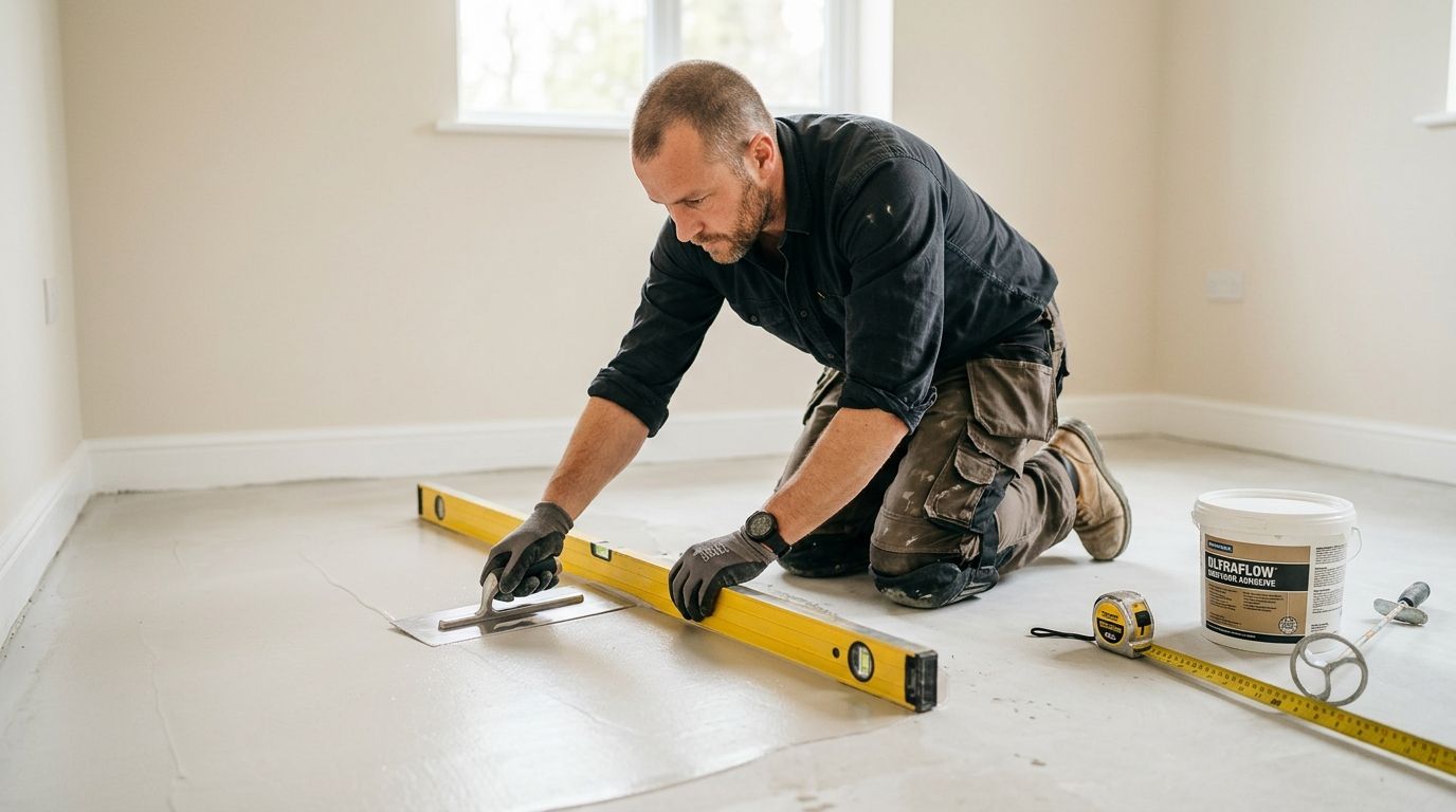 A professional construction worker uses a leveling tool and trowel to smooth wet concrete on a residential floor.