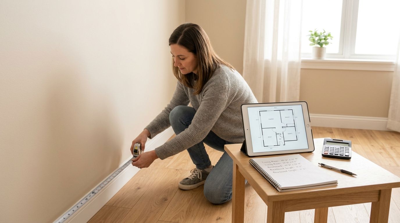 A woman kneeling on a wooden floor measuring a wall with a tape measure to plan home improvements.