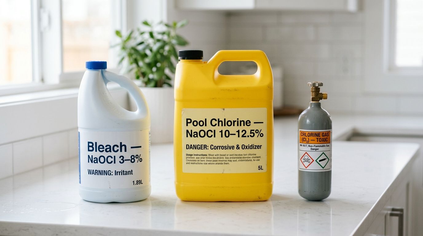 Three containers on a counter including bleach, pool chlorine, and chlorine gas, representing different chemical substances.