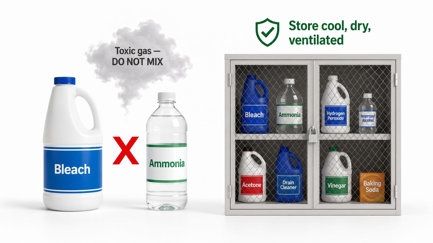 A safety infographic warning against mixing bleach and ammonia, featuring properly stored household cleaning products in a cabinet.