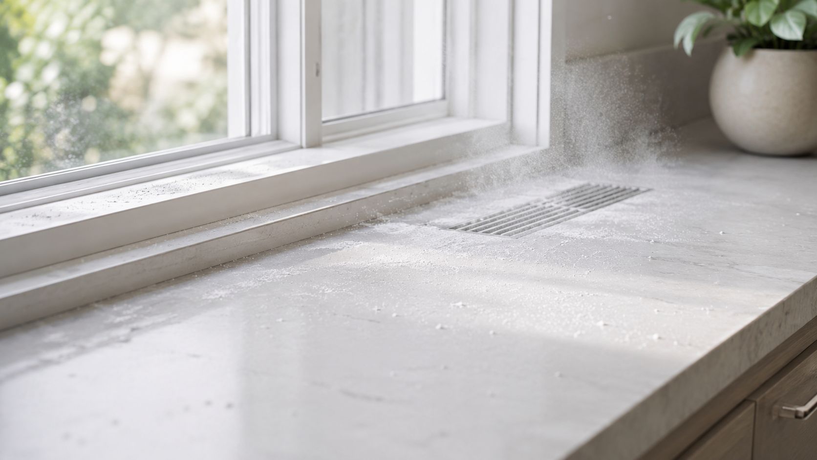 Fine drywall dust settling on a countertop surface near an air vent in a house