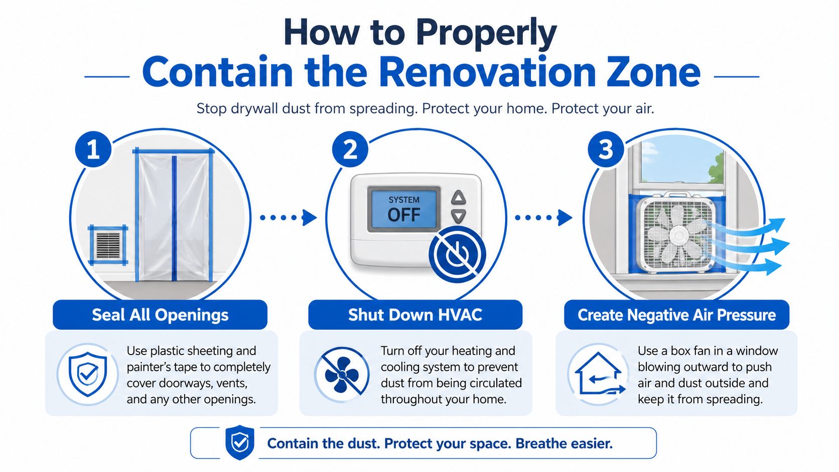 An infographic showing three steps to contain drywall dust during renovation: seal openings, turn off HVAC, and create negative air pressure.