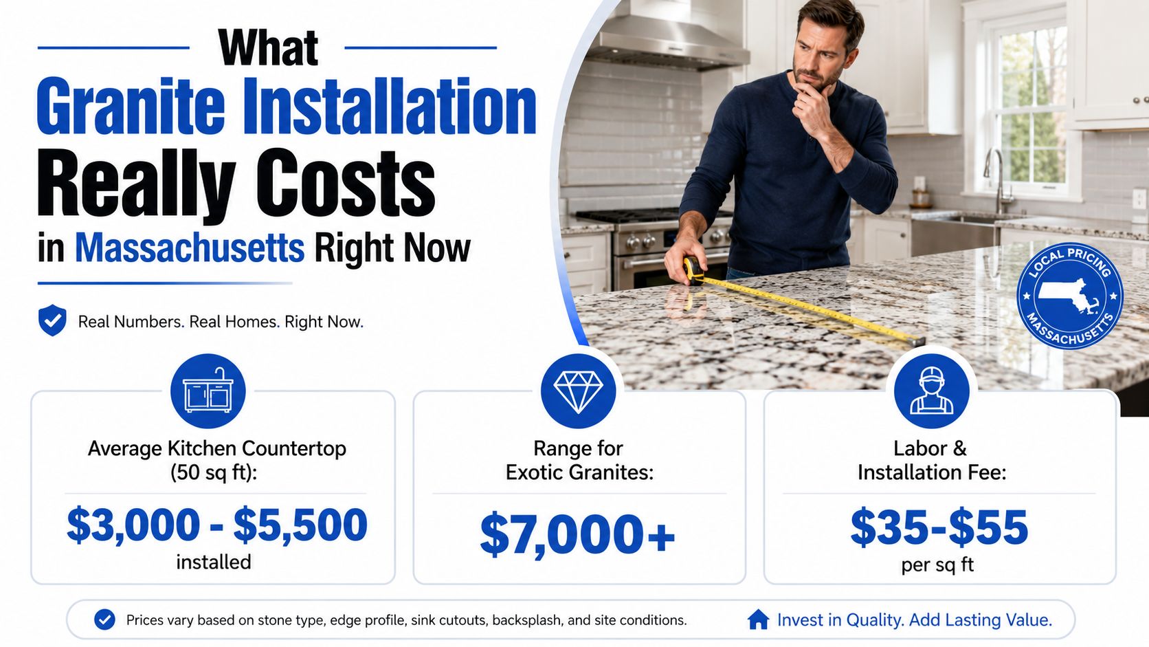 An infographic detailing current granite countertop installation costs and labor pricing in Massachusetts for homeowners.