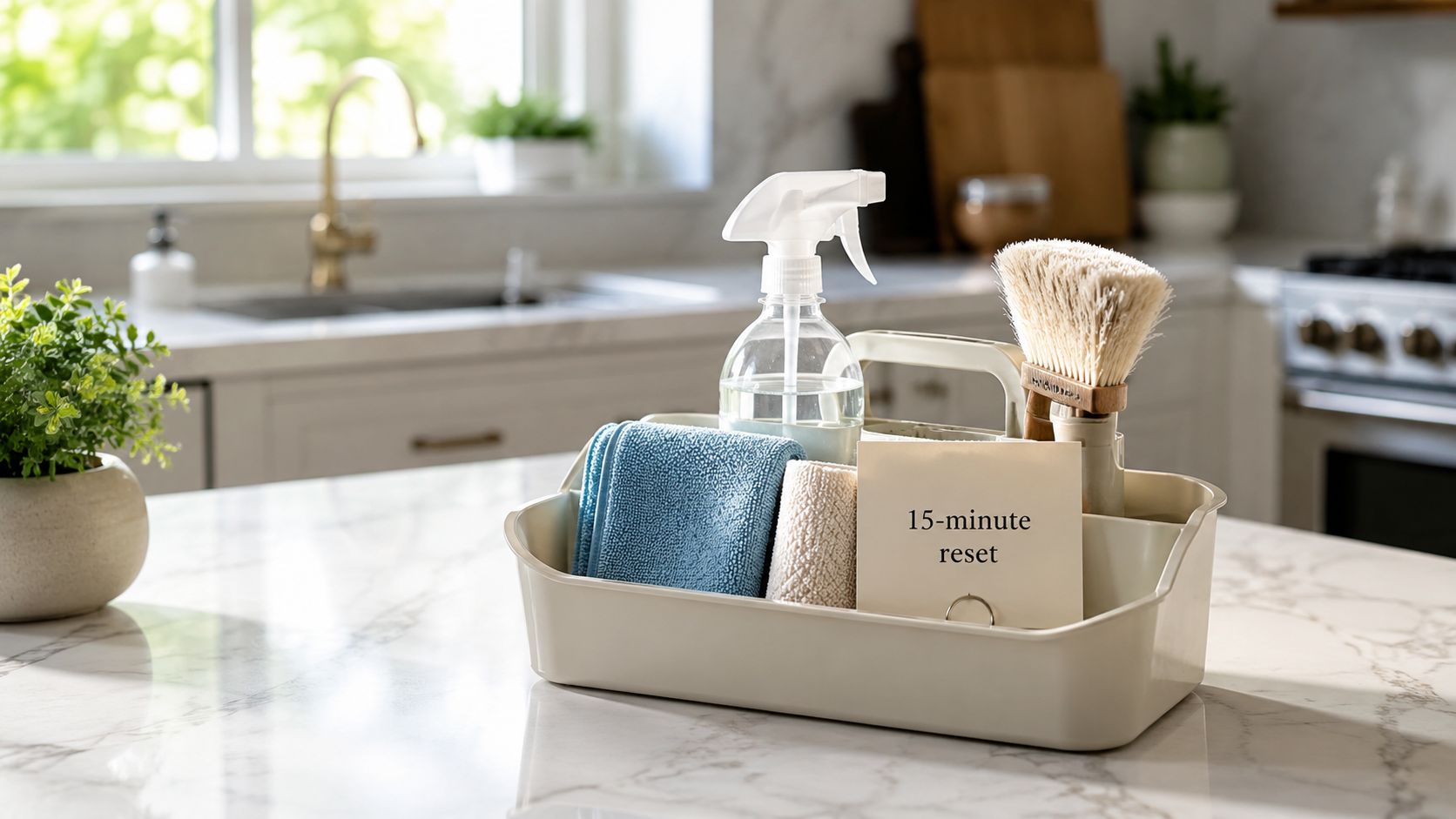 A beige cleaning caddy sits on a marble countertop containing cleaning supplies and a 15-minute reset sign.