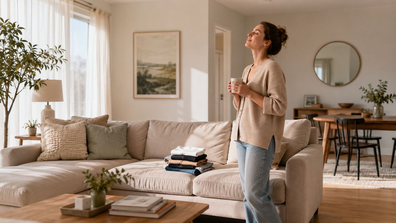 A woman stands in a bright, tidy living room holding a mug, with folded laundry on the sofa.