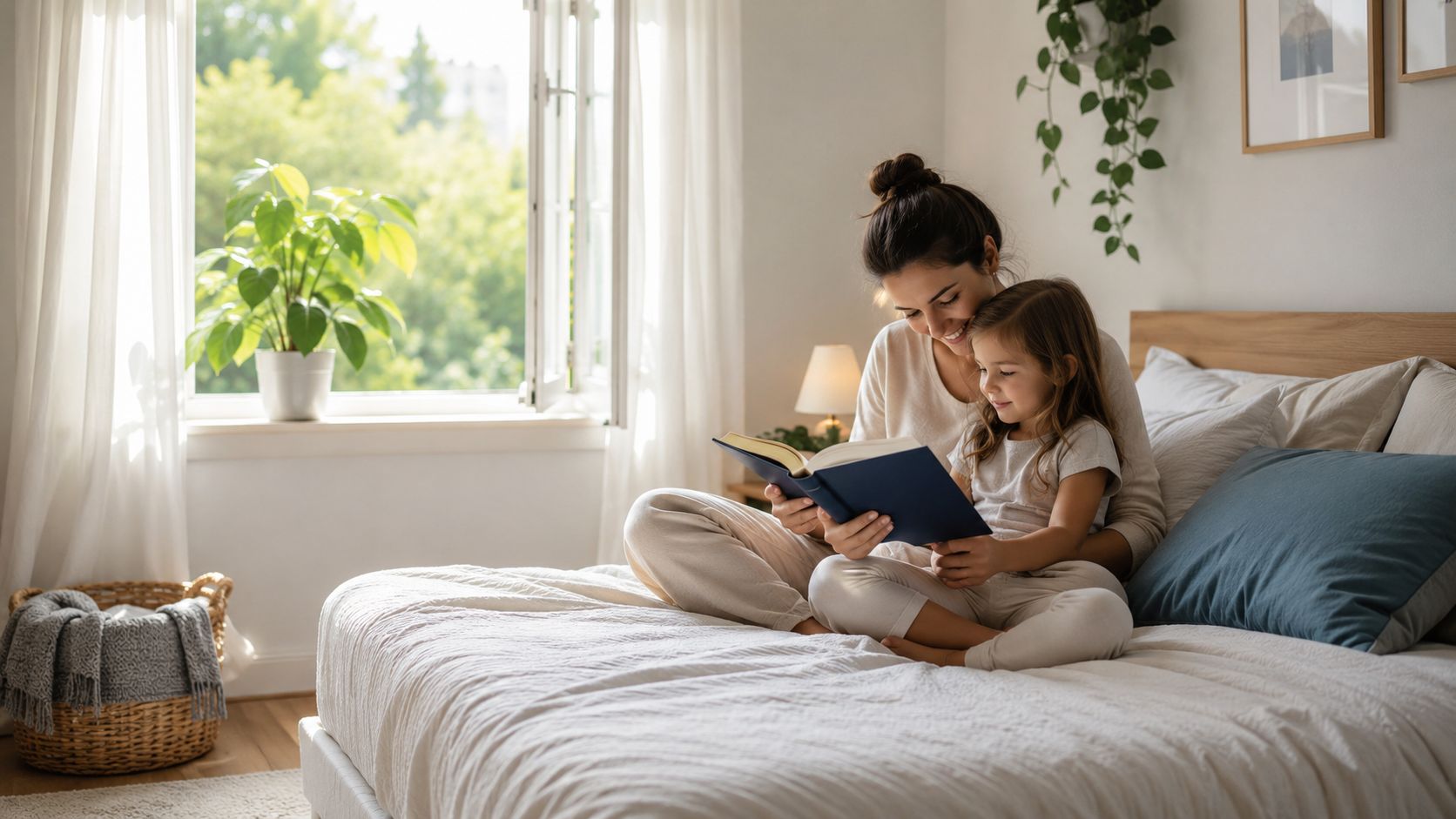 A mother sitting on a bed and reading a book to her young daughter in a bright room.