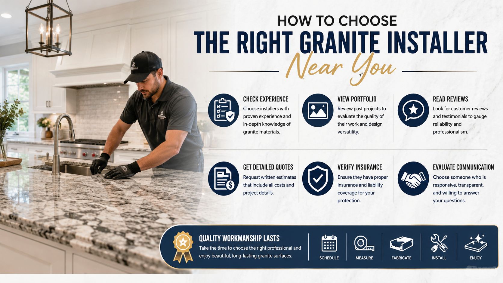 A professional granite installer working in a modern kitchen while text outlines steps for choosing a countertop contractor.